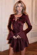 Lace Up Long Sleeved Ruffled Mini Dress