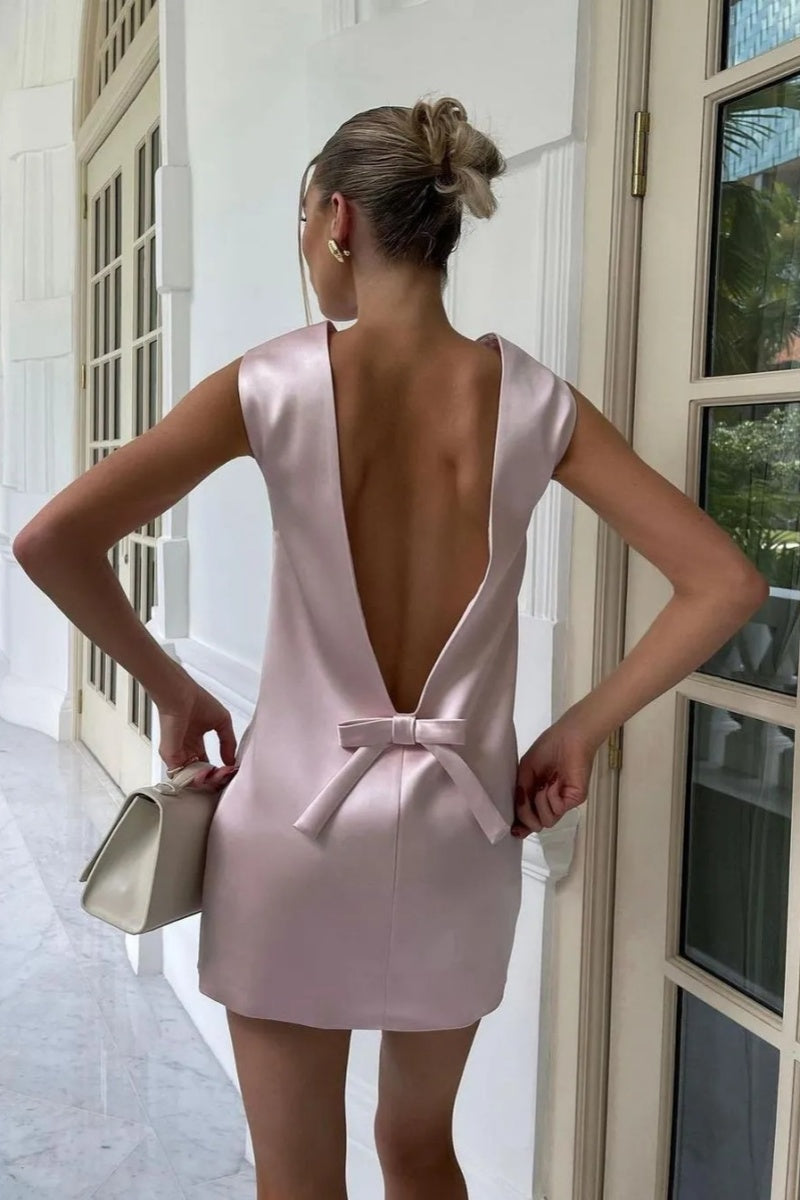 Bow Backless Satin  Mini Dress