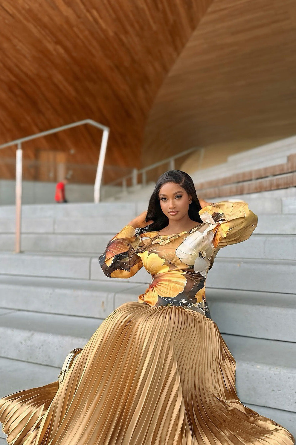 Retro Bell Sleeve Gold Maxi Dress