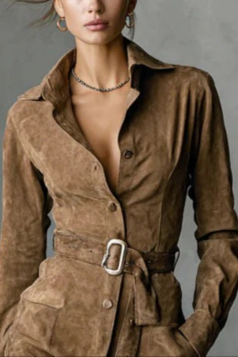 Suede Single Breasted Lapel Long Sleeve Midi Dress(Includes belt)