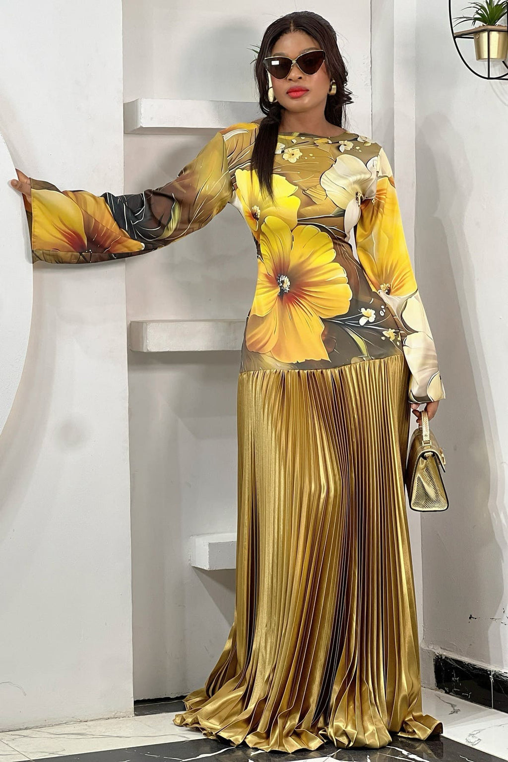 Tropical Wave Pleated Maxi Dress