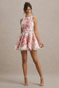 Pink Porcelain Print Racer-Neck Sleeveless Skater Mini Dress