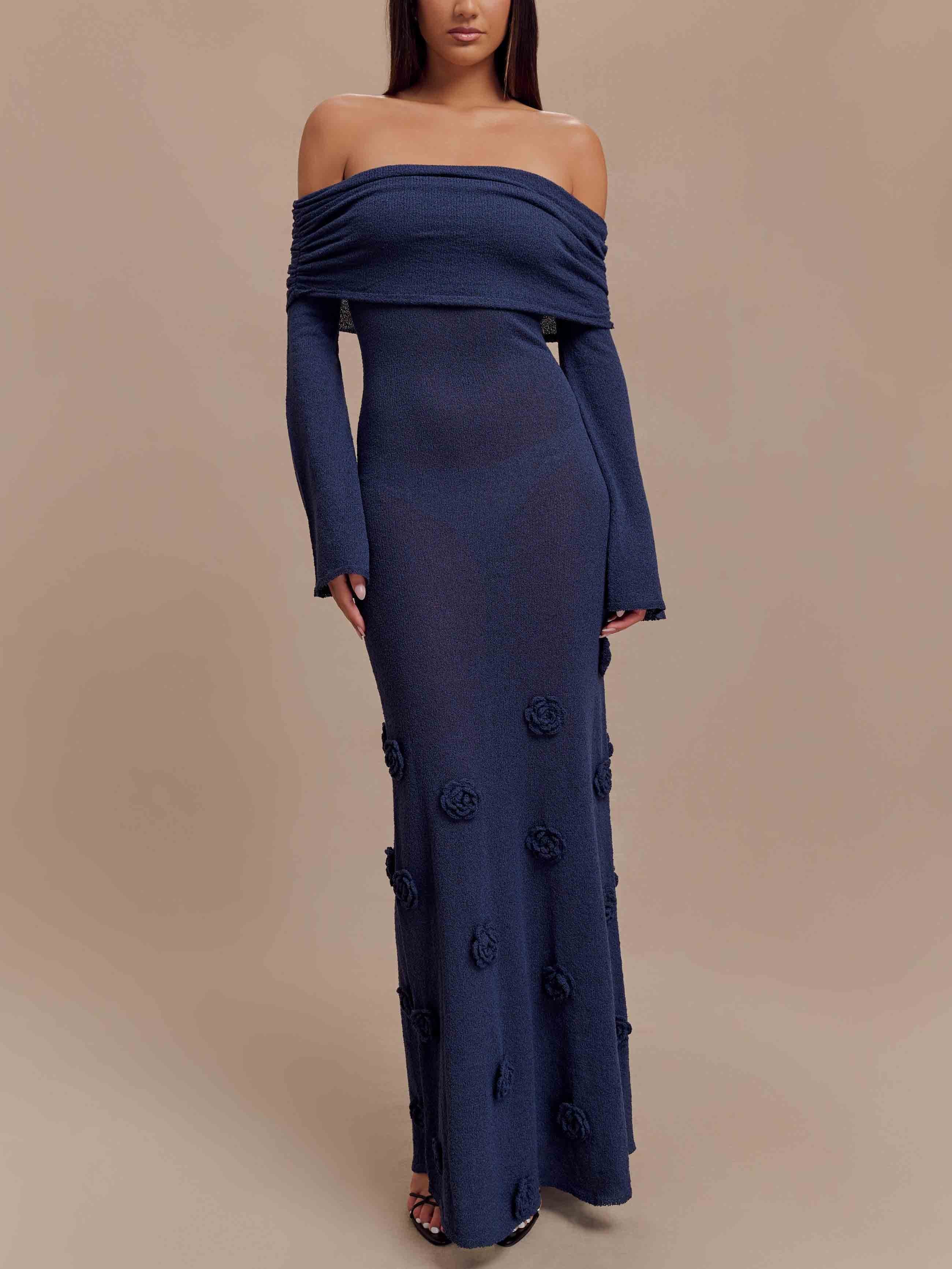 Elegant Off-shoulder Knitted Rose Maxi Dress