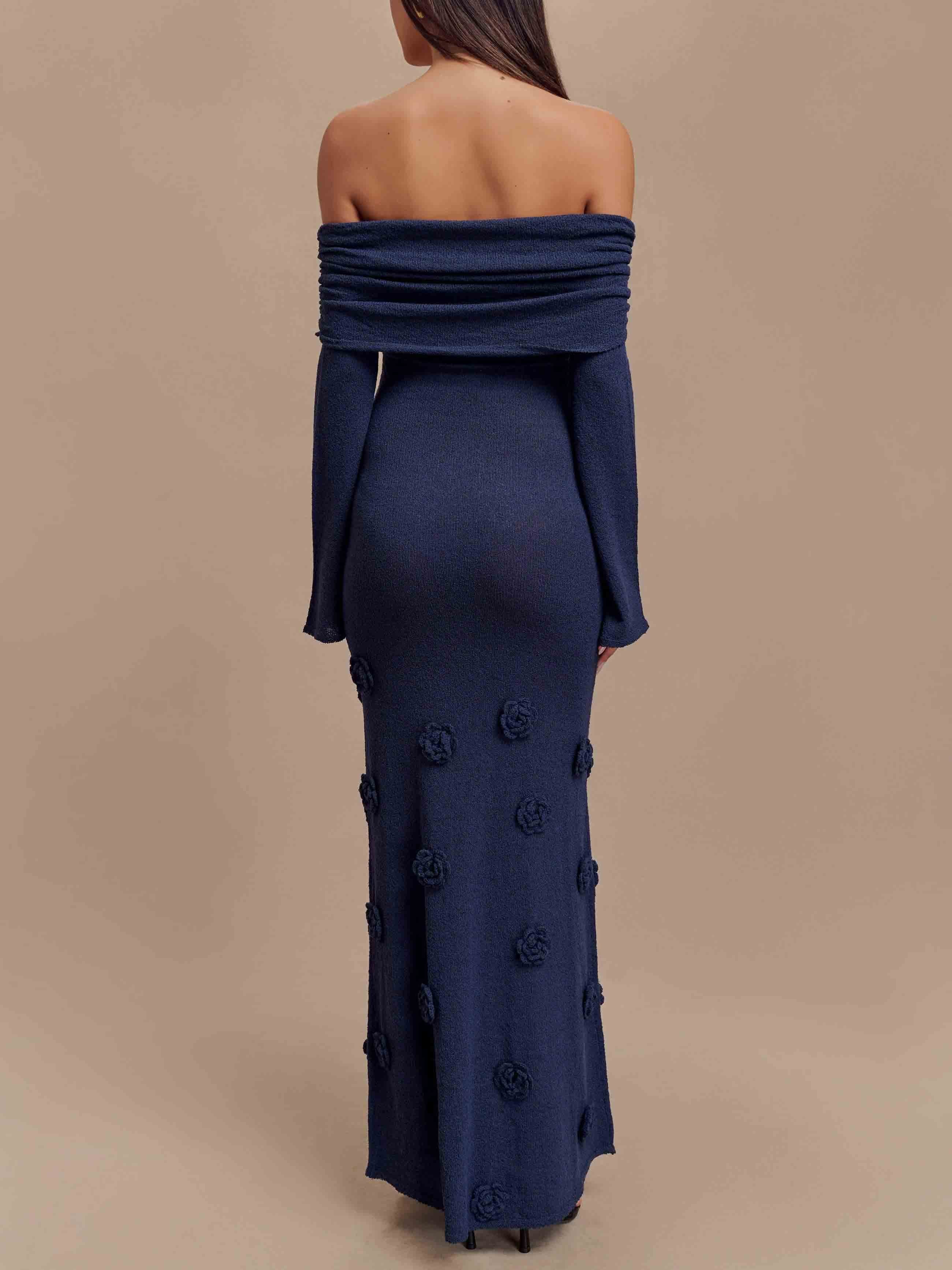 Elegant Off-shoulder Knitted Rose Maxi Dress