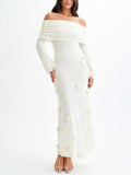 Elegant Off-shoulder Knitted Rose Maxi Dress