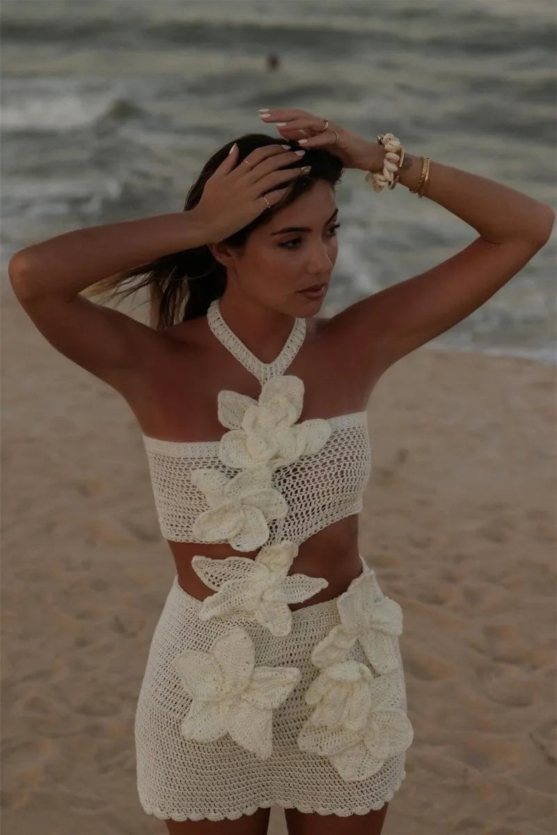 Margaret | Halter Knit Floral Mini Dress