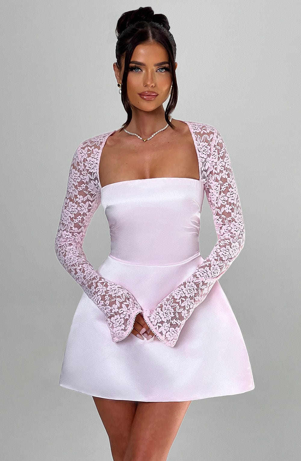 Satin Mini Dress with Lace Long Sleeves